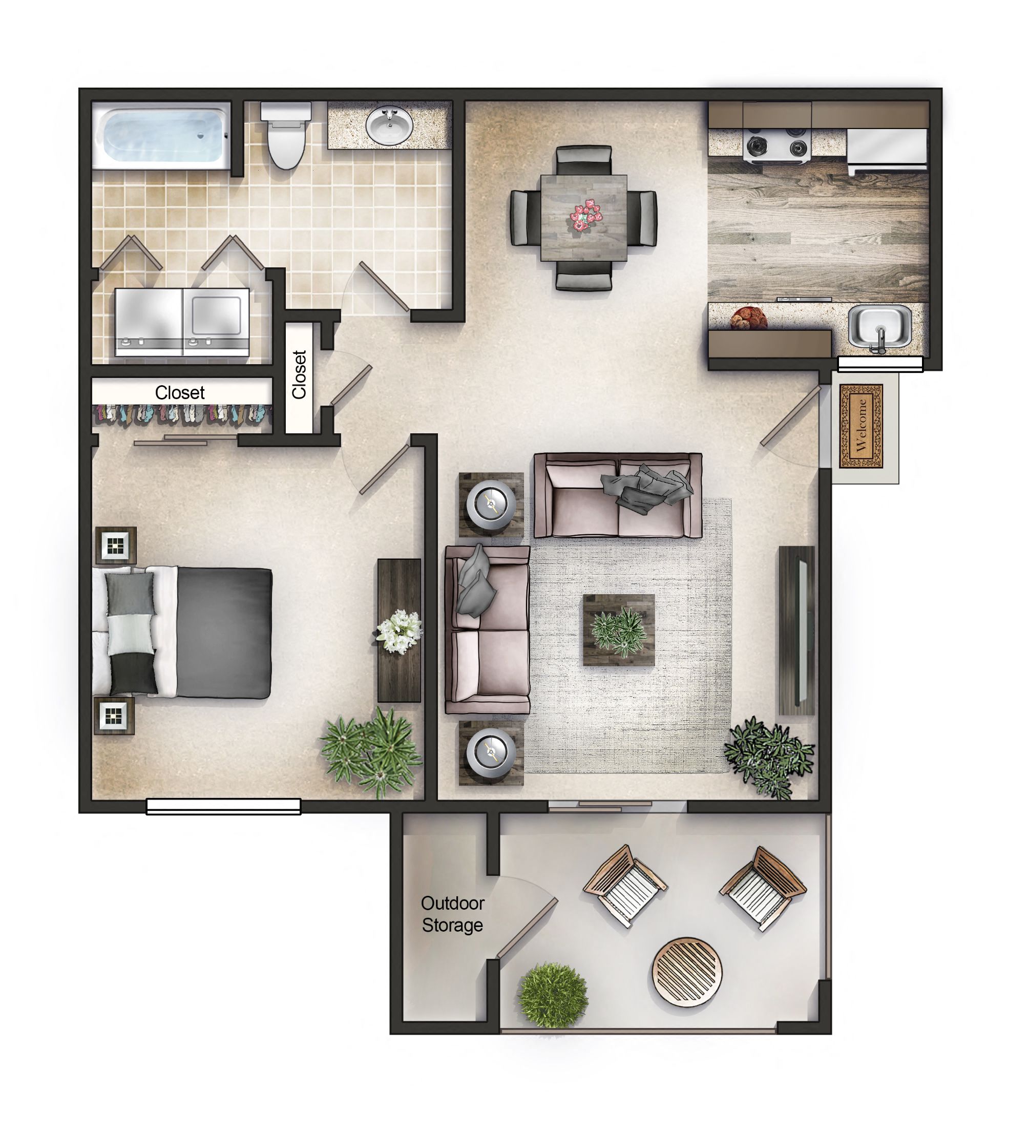 Floor plan for 1 bed, 1 bath, 742 sqft